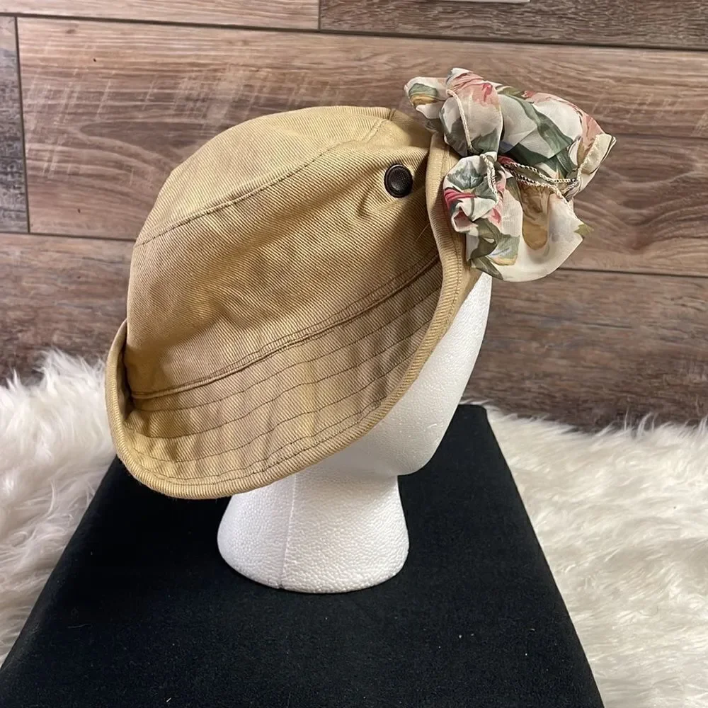 Cotton Hat with Floral Scarf Attached Bow, Ladies Size Large, Tan